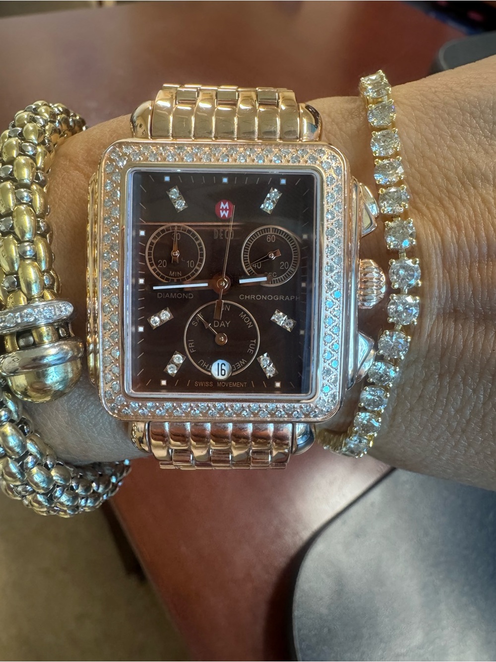 MICHELE Deco Diamond Chronograph Watch Rose Gold Brown Dial 120 Diamonds Swiss